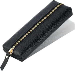 Genuine leather pen case, Cowhide pencil pouch with zipper, Soft black pen bag for adults.