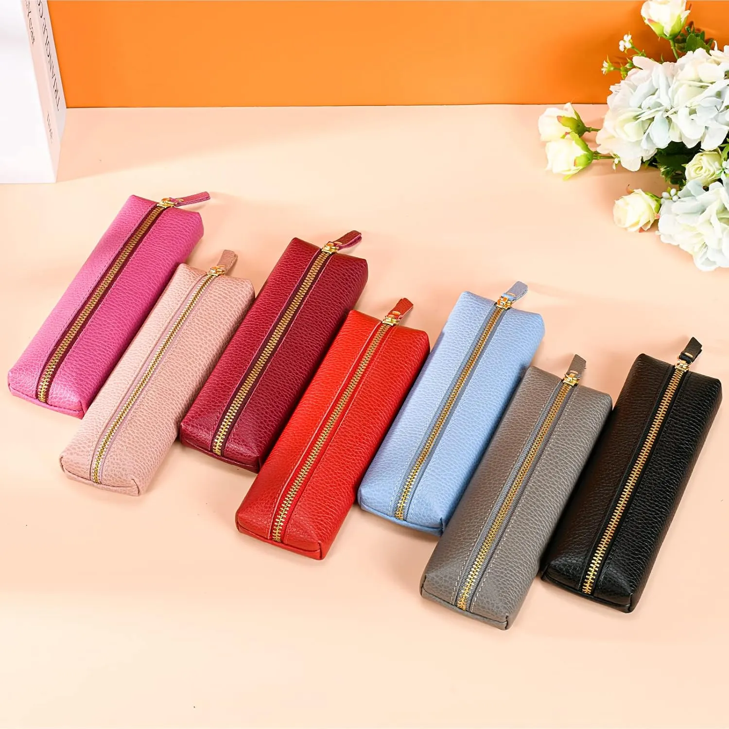 Genuine leather pen case, Cowhide red pencil pouch with zipper, Soft pen bag for adults.