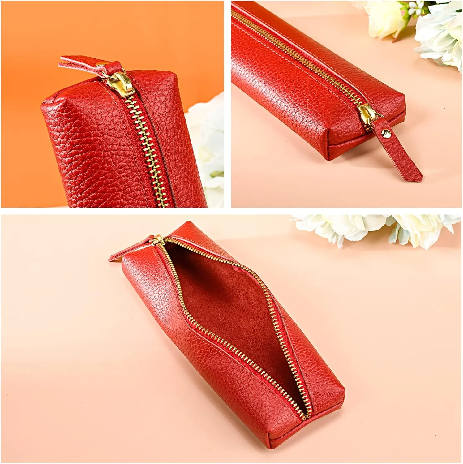 Genuine leather pen case, Cowhide red pencil pouch with zipper, Soft pen bag for adults.