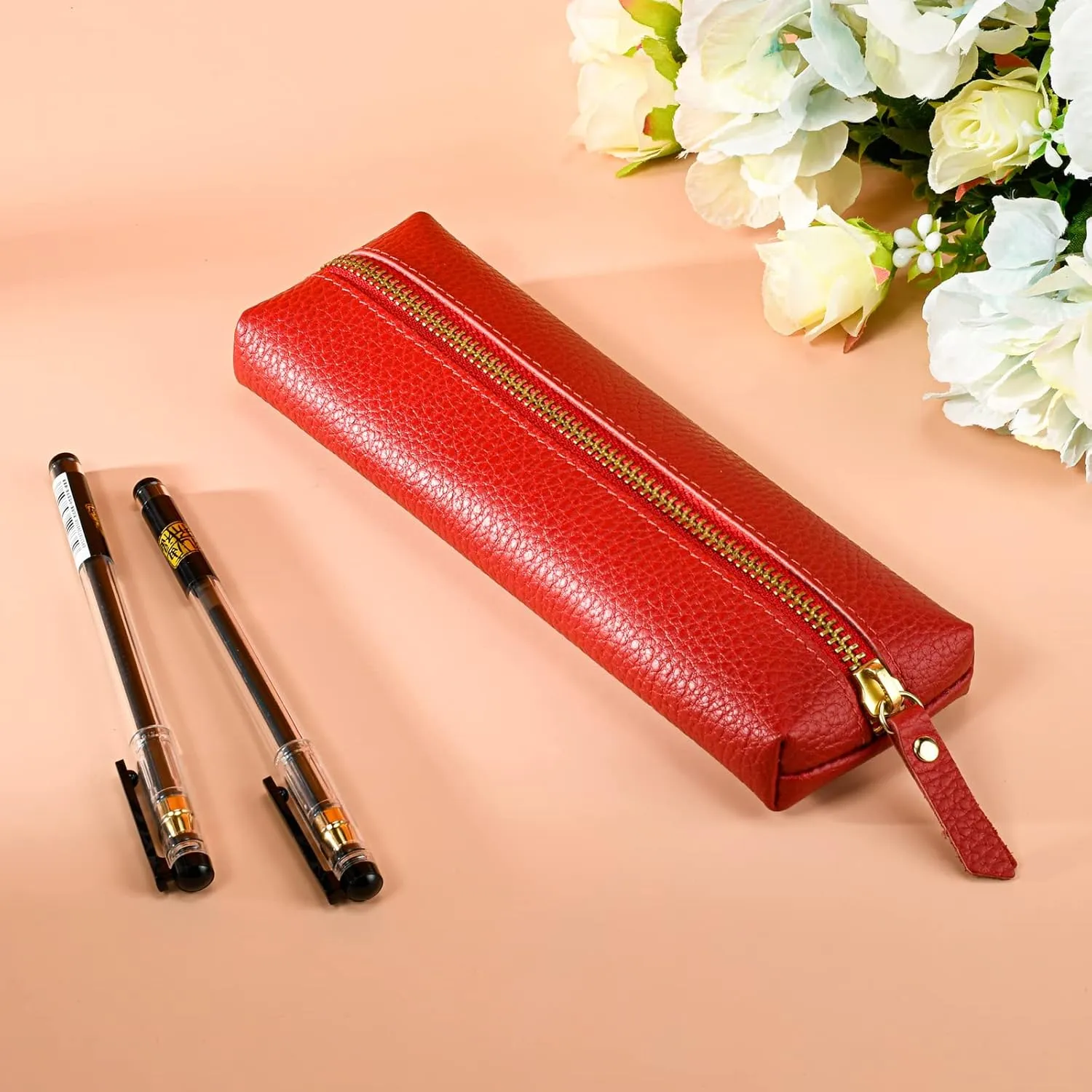 Genuine leather pen case, Cowhide red pencil pouch with zipper, Soft pen bag for adults.