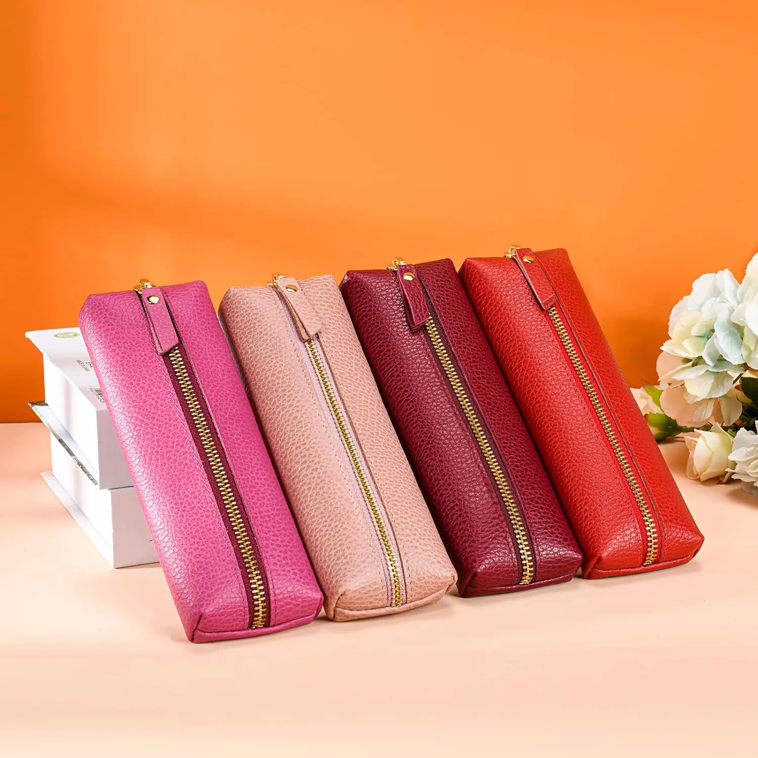 Genuine leather pen case, Cowhide red pencil pouch with zipper, Soft pen bag for adults.