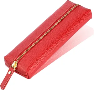 Genuine leather pen case, Cowhide red pencil pouch with zipper, Soft pen bag for adults.
