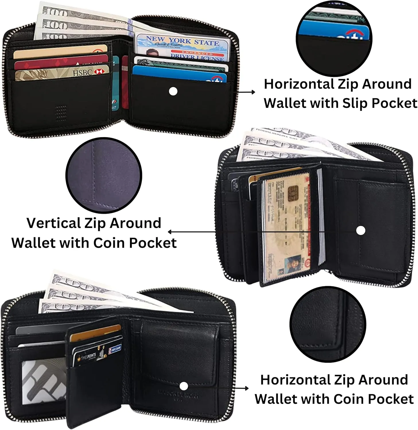 Genuine Leather RFID Trifold/Zipper Around Wallet for Men Horizontal/Vertical Zippered Wallet and Card Holder | Ideal Gift for Men and Women