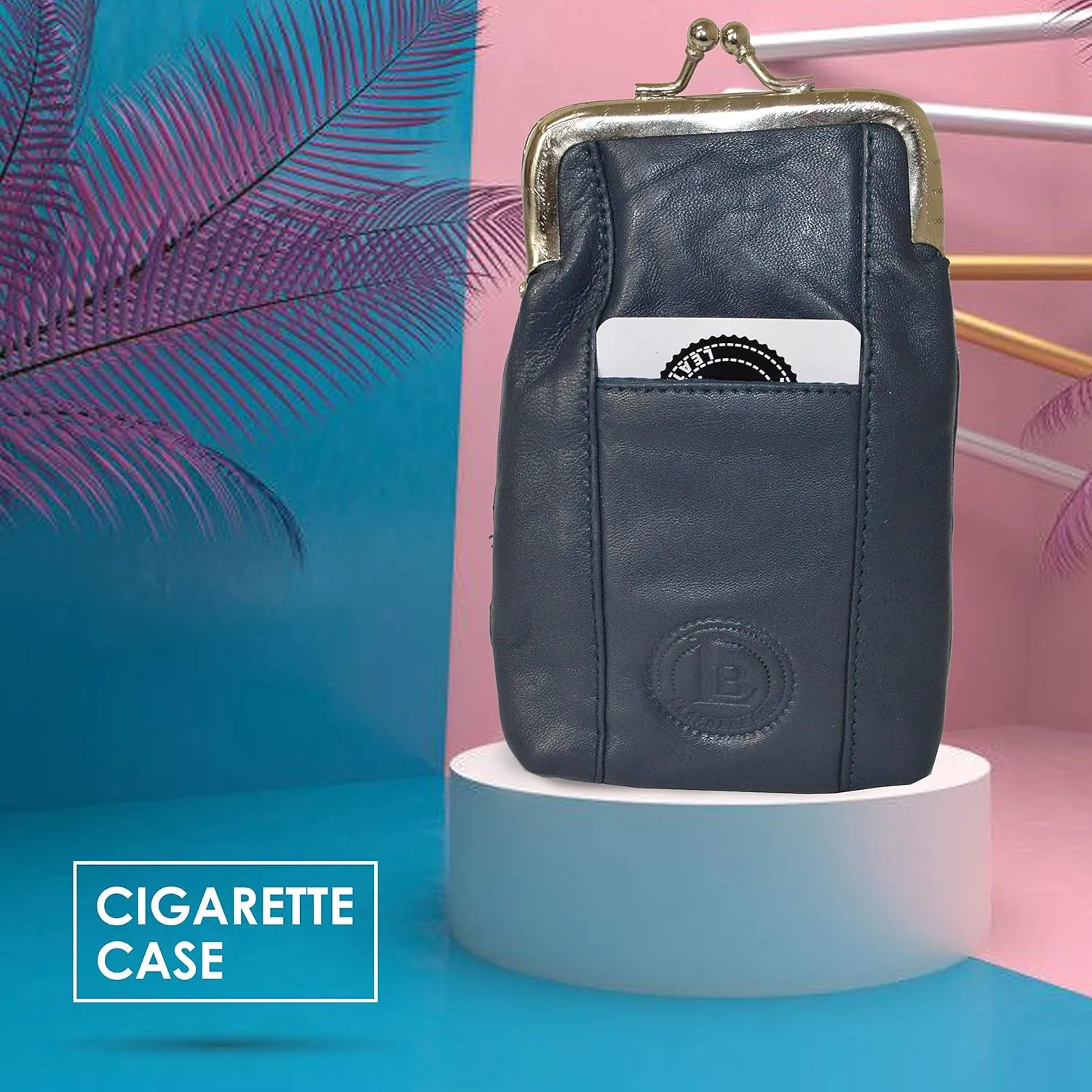 Genuine Leather Slim Cigarettes Case Holder Pack Regular or 100's & Lighter Pocket with Metal Twist Clasp, Navy Blue