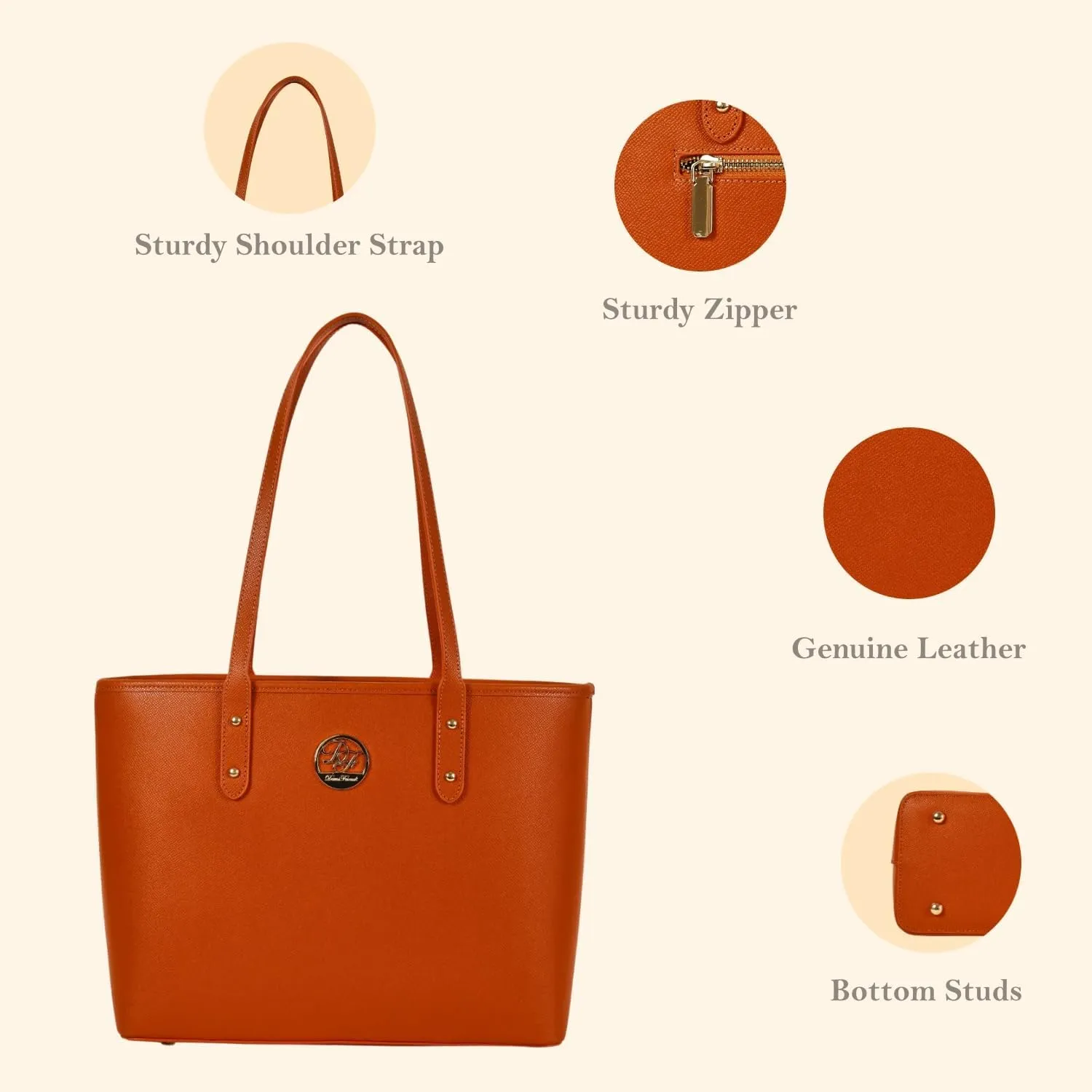 Genuine Leather Tote Bag for Women Shoulder Bag with Zipper Closure