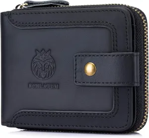 Genuine Leather Zipper Wallet for Men RFID Blocking Large Capacity Classic Wallet with Coin Pocket ID Window, Black