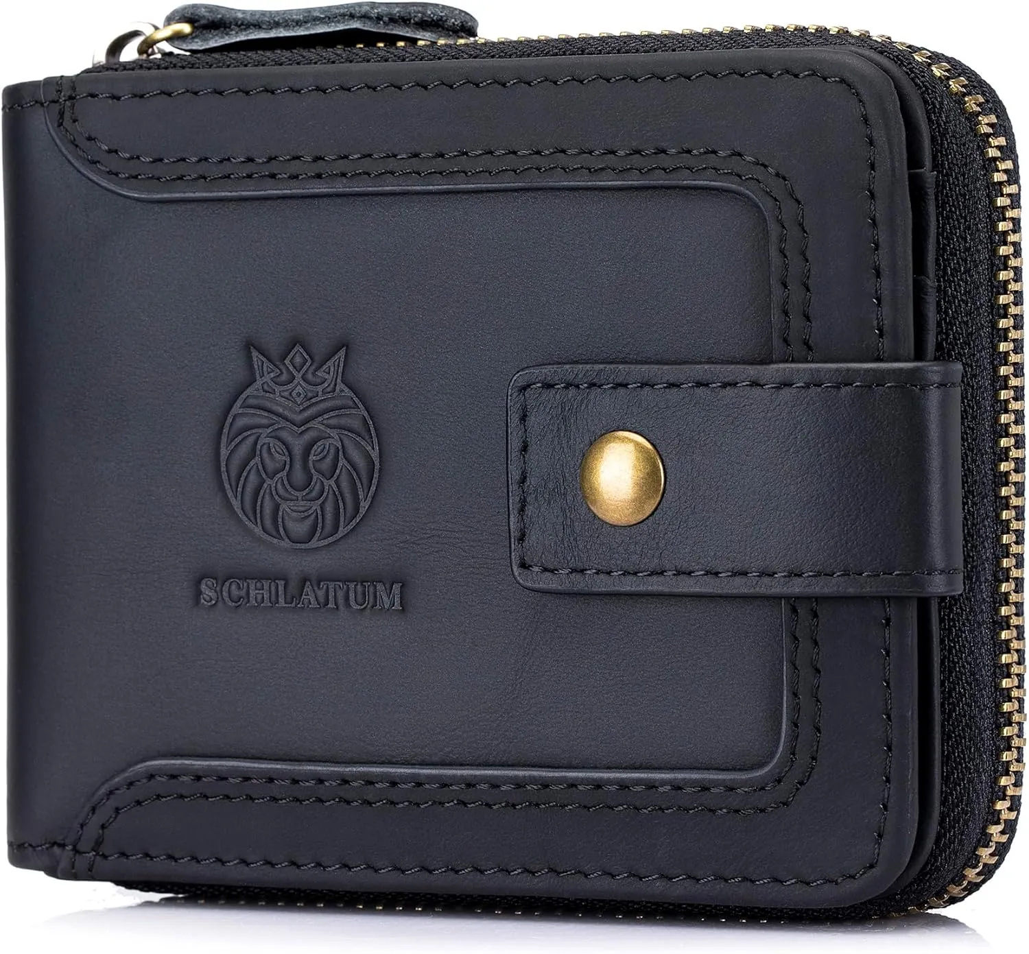 Genuine Leather Zipper Wallet for Men RFID Blocking Large Capacity Classic Wallet with Coin Pocket ID Window, Black