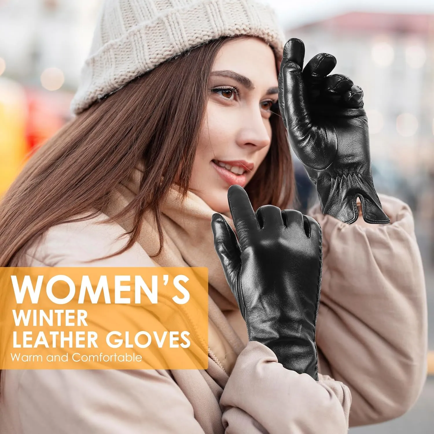 Genuine Sheepskin Leather Gloves for Women, Winter Warm Touchscreen Texting Cashmere Lined Driving Dress Gloves