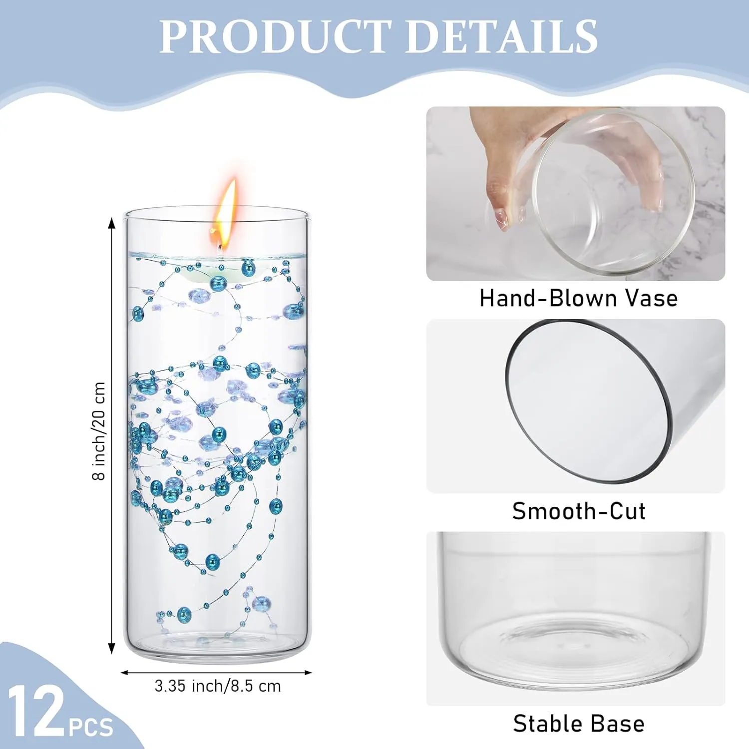 Gerrii 12 Pack Glass Cylinder Vases, Tall Clear Flower Vase for Centerpieces, Hurricane Floating Candle Holder Bulk for Wedding Table Home Formal Dinners Party Decor(8 x 3.35 Inch)