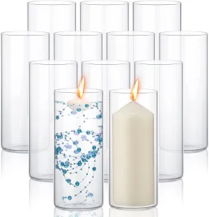 Gerrii 12 Pack Glass Cylinder Vases, Tall Clear Flower Vase for Centerpieces, Hurricane Floating Candle Holder Bulk for Wedding Table Home Formal Dinners Party Decor(8 x 3.35 Inch)