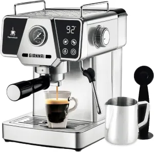 GIANNA Espresso Machine 20 Bar, Compact Espresso Maker with Steam Milk Frother, Stainless Steel Coffee Machine with 60oz Removable Water Tank for Cappuccino, Latte, Silver