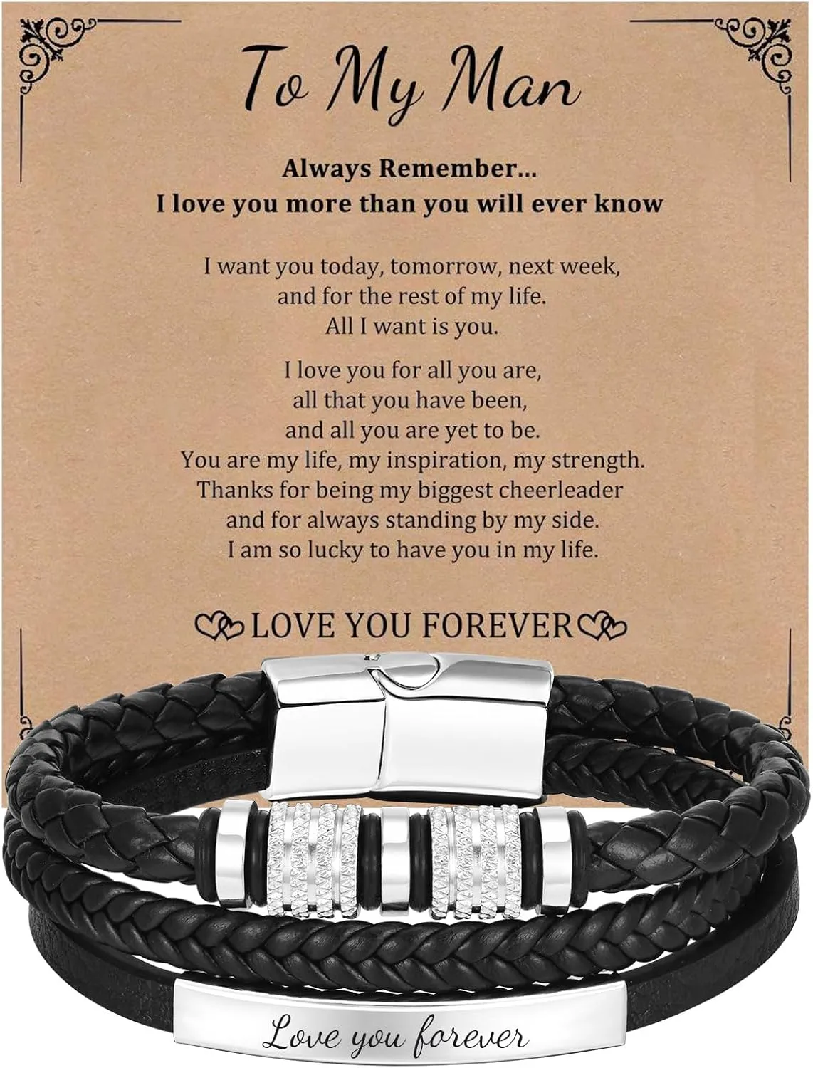 Gifts for Men Braided Leather Bracelet, to My Man 𝐒𝐨𝐧 Dad Love You Forever Leather Bracelets, Christmas Valentine's Day Birthday Father's Day Jewelry Gift for Husband Boyfriend Father