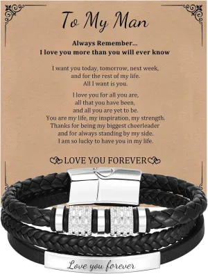 Gifts for Men Braided Leather Bracelet, to My Man 𝐒𝐨𝐧 Dad Love You Forever Leather Bracelets, Christmas Valentine's Day Birthday Father's Day Jewelry Gift for Husband Boyfriend Father