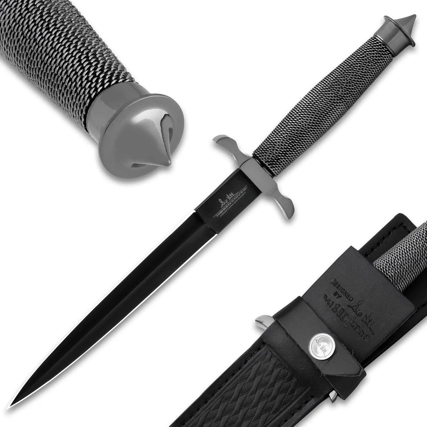 Gil Hibben Black Shadow Dagger | 7 1/2" Double-Edged Pewter-Colored Blade | Wire-Wrapped Handle | Chrome Guard and Pommel | Leather Sheath Included | 12 3/4" Overall Length