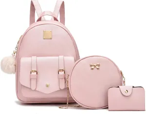 Girls 3-Pieces Fahsion Leather Backpack Purse Set for Women Rucksack for Ladies Satchel Bag for Girls