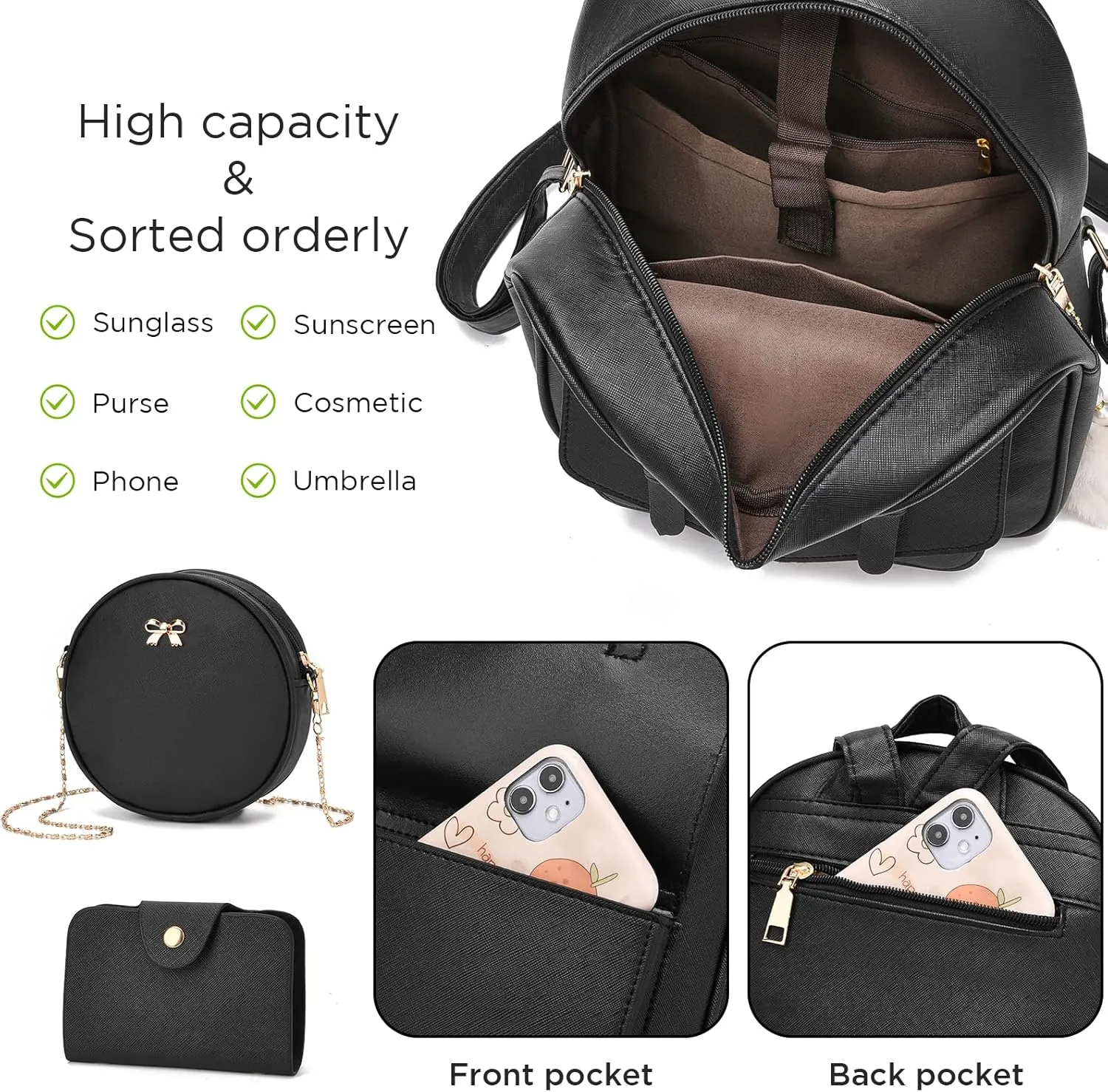 Girls 3-Pieces Fahsion Leather Backpack Purse Set for Women Rucksack for Ladies Satchel Bag for Girls