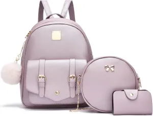 Girls 3-Pieces Fahsion Leather Backpack Purse Set for Women Rucksack for Ladies Satchel Bag for Girls