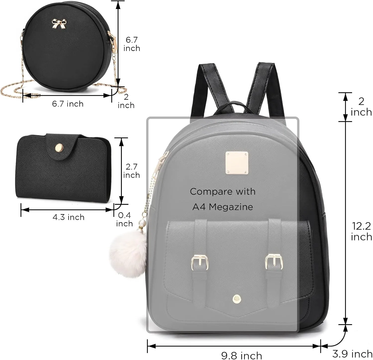 Girls 3-Pieces Fahsion Leather Backpack Purse Set for Women Rucksack for Ladies Satchel Bag for Girls