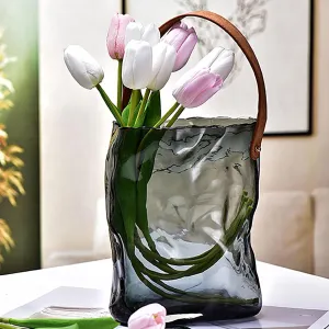 Glass Purse Vase for Flowers,Glass Purse Vase for Flowers, Glass Bag Vase with Leather Handle,Cool Large Bag Vase Decorative Fish Bowl Handbag Vase for Home Wedding Decor(B,7.5 * 9.8in)