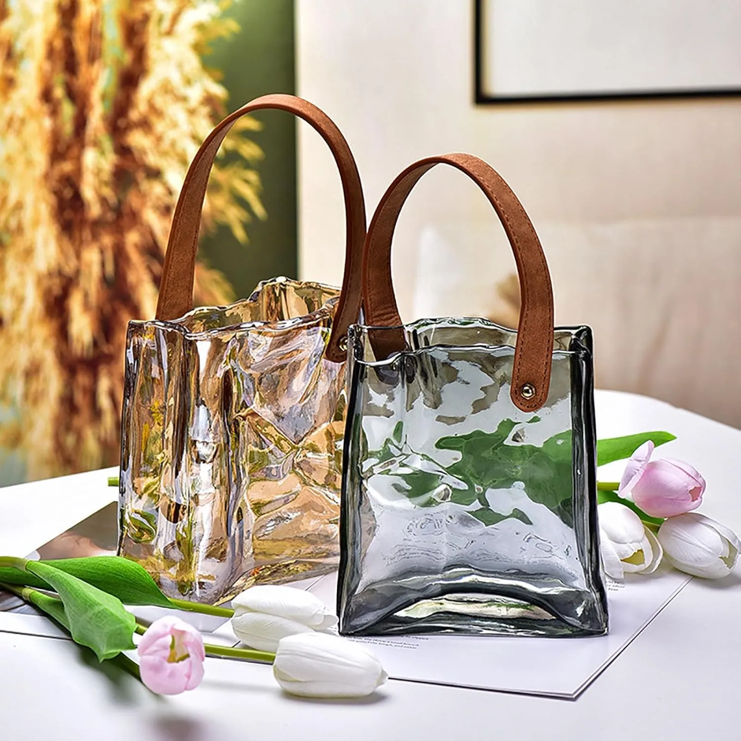 Glass Purse Vase for Flowers,Glass Purse Vase for Flowers, Glass Bag Vase with Leather Handle,Cool Large Bag Vase Decorative Fish Bowl Handbag Vase for Home Wedding Decor(B,7.5 * 9.8in)