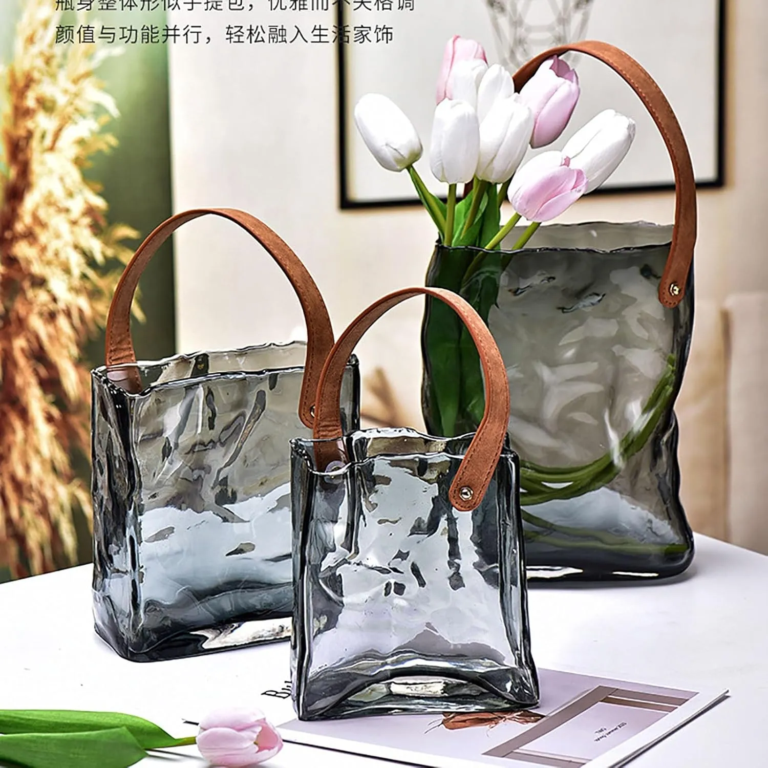Glass Purse Vase for Flowers,Glass Purse Vase for Flowers, Glass Bag Vase with Leather Handle,Cool Large Bag Vase Decorative Fish Bowl Handbag Vase for Home Wedding Decor(B,7.5 * 9.8in)