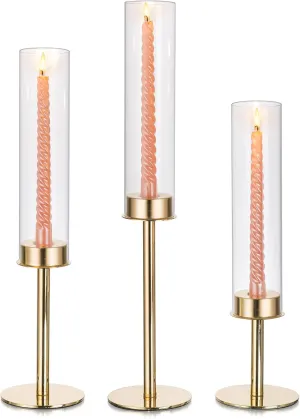 Glasseam Hurricane Candle Holders for Candlesticks, Glass Gold Candle Holders Set of 3, Modern Taper Candle Holders with Clear Cylinder Glass Shade,Tall Candle Holders for Table Centerpiece Wedding