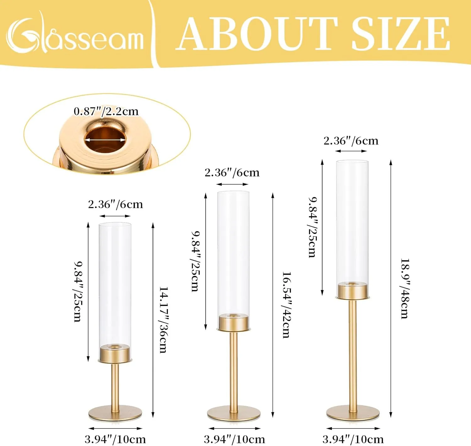 Glasseam Hurricane Candle Holders for Candlesticks, Glass Gold Candle Holders Set of 3, Modern Taper Candle Holders with Clear Cylinder Glass Shade,Tall Candle Holders for Table Centerpiece Wedding