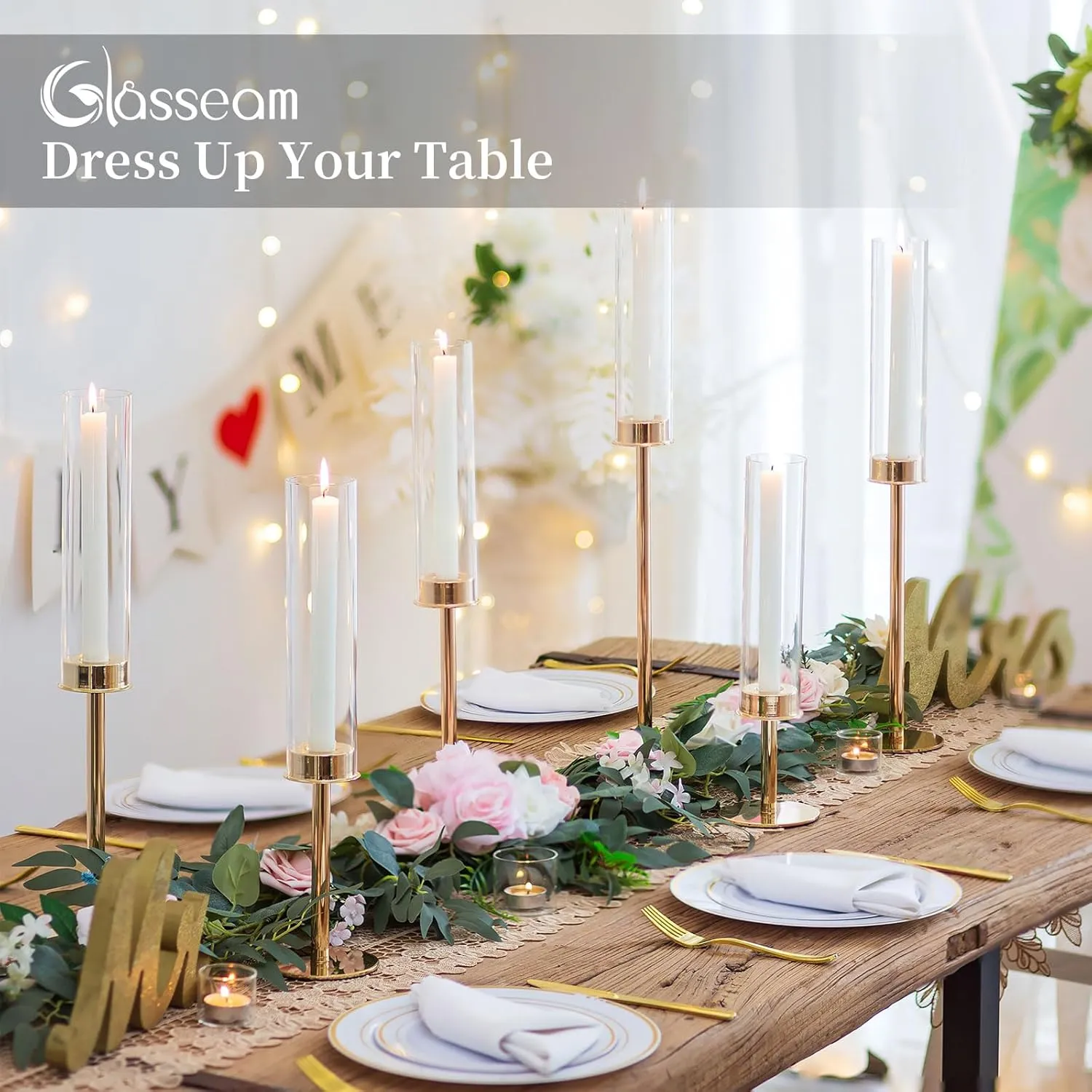 Glasseam Hurricane Candle Holders for Candlesticks, Glass Gold Candle Holders Set of 3, Modern Taper Candle Holders with Clear Cylinder Glass Shade,Tall Candle Holders for Table Centerpiece Wedding