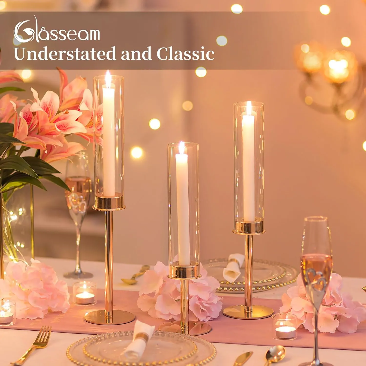 Glasseam Hurricane Candle Holders for Candlesticks, Glass Gold Candle Holders Set of 3, Modern Taper Candle Holders with Clear Cylinder Glass Shade,Tall Candle Holders for Table Centerpiece Wedding