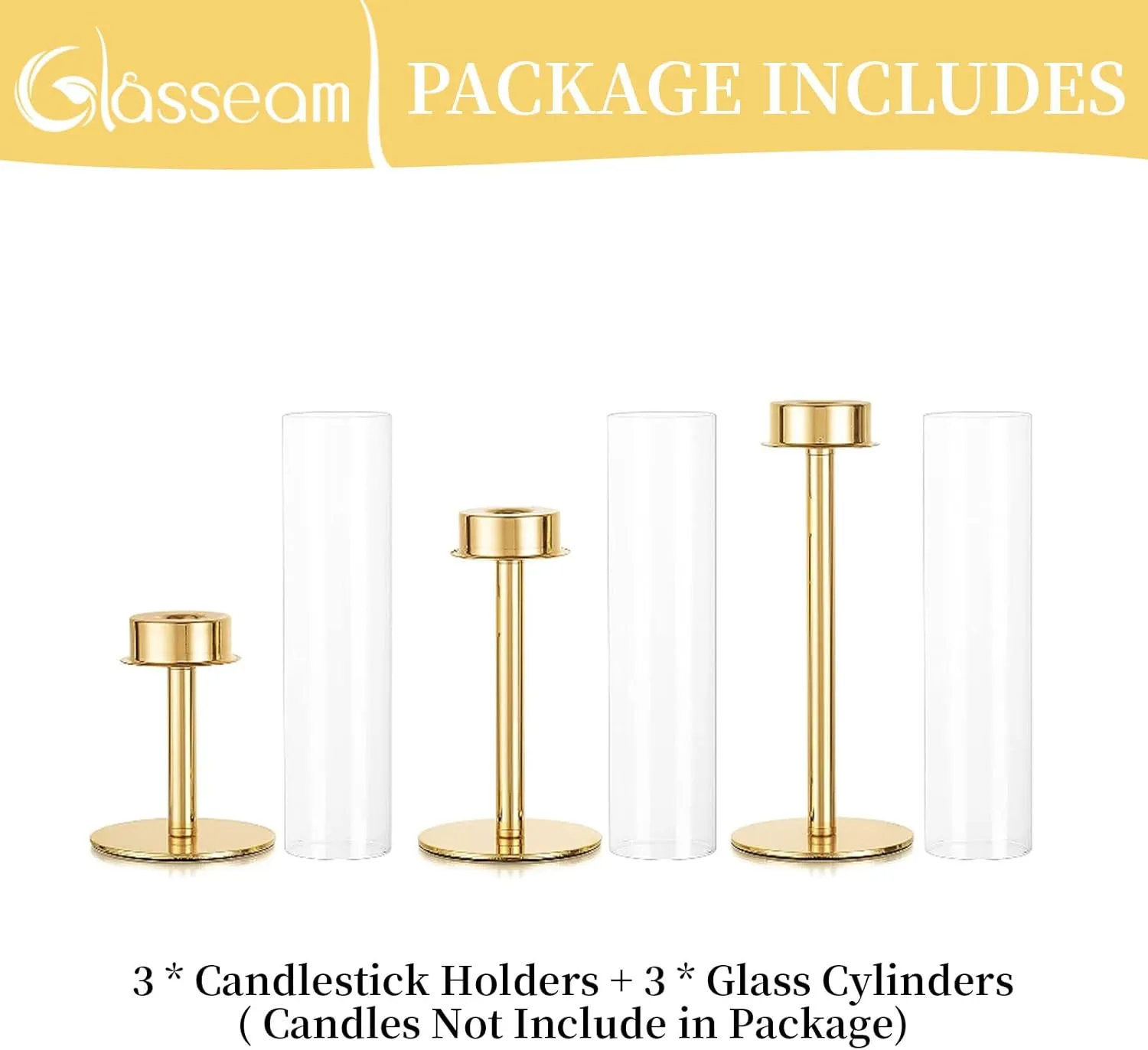 Glasseam Hurricane Candle Holders for Candlesticks, Glass Gold Candle Holders Set of 3, Modern Taper Candle Holders with Clear Cylinder Glass Shade,Tall Candle Holders for Table Centerpiece Wedding