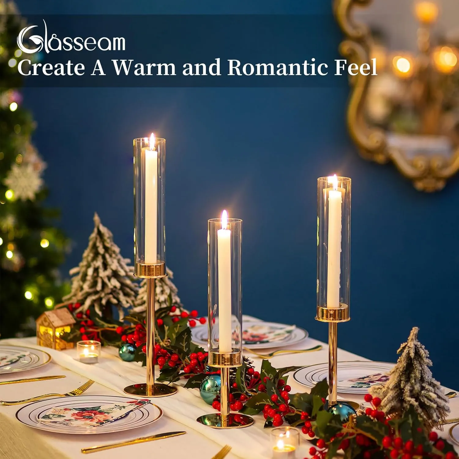 Glasseam Hurricane Candle Holders for Candlesticks, Glass Gold Candle Holders Set of 3, Modern Taper Candle Holders with Clear Cylinder Glass Shade,Tall Candle Holders for Table Centerpiece Wedding