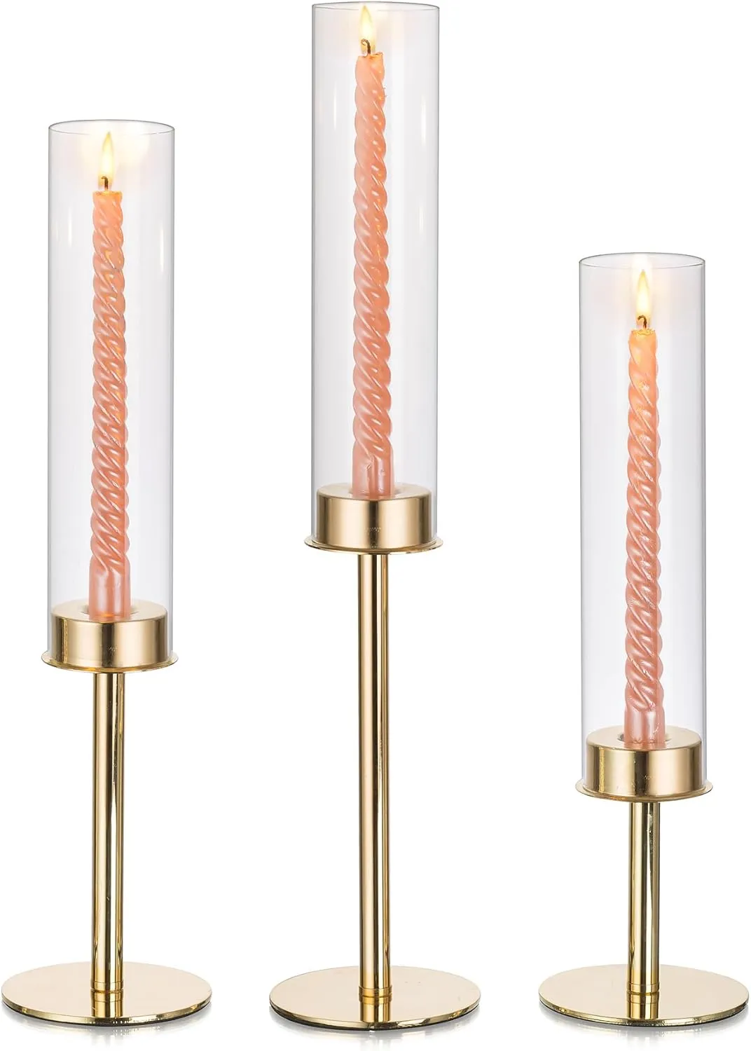 Glasseam Hurricane Candle Holders for Candlesticks, Glass Gold Candle Holders Set of 3, Modern Taper Candle Holders with Clear Cylinder Glass Shade,Tall Candle Holders for Table Centerpiece Wedding