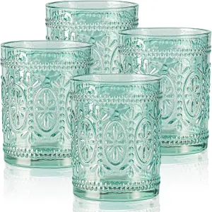 Glassware set of 4, Vintage Drinking Glasses, 10oz Heavy Duty Glass Cups, Colored Glassware Set, Embossed Glasses Set for Party Wedding Home Office Glassesware Gift