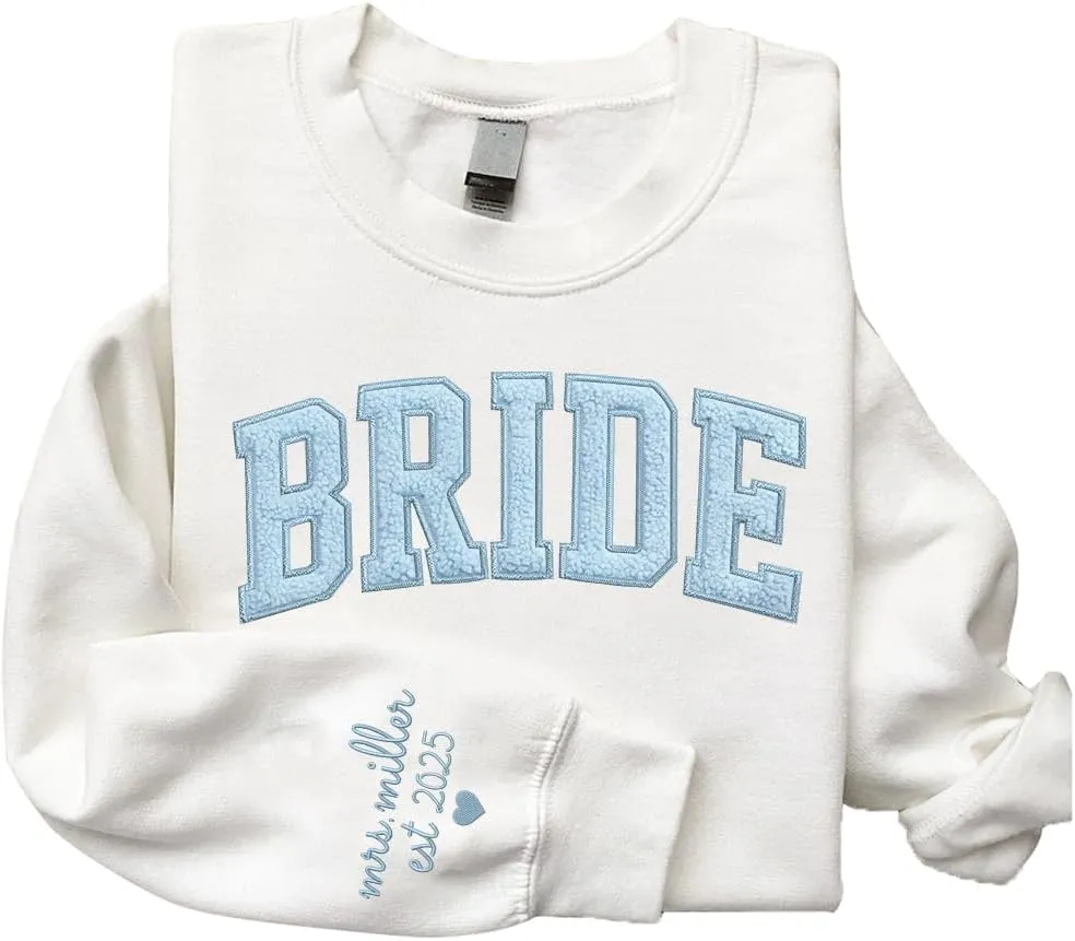 GODMERCH Personalized Embroidered Bride Chenille Patch Sweatshirt, Engagement Gift, Future Mrs Sweatshirt, Bride To Be Gift, New Mrs, Fiancee Gift, Newly Engaged, Honeymoon Sweat, Wedding Gifts