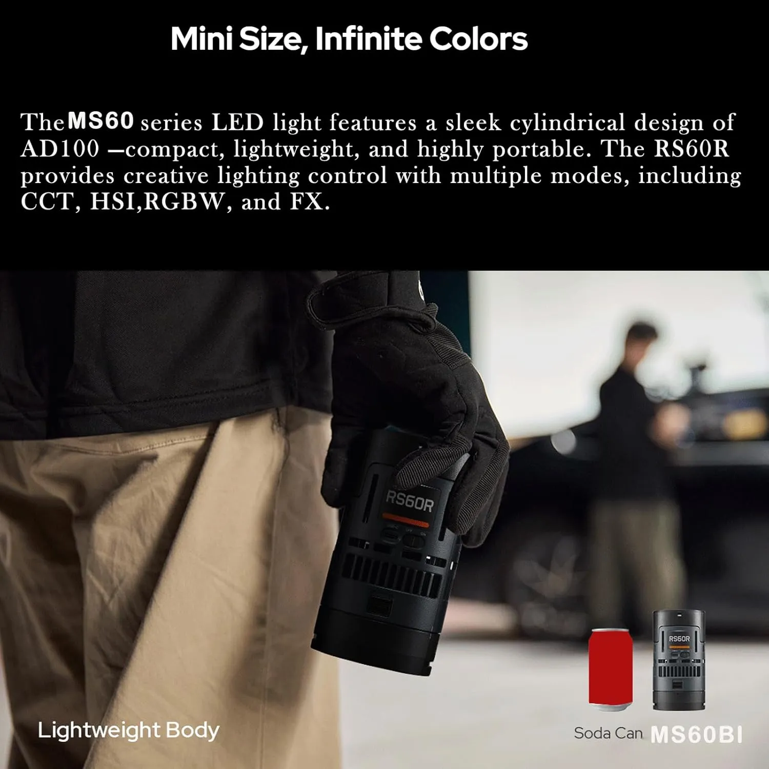 Godox MS60BI LED Video Light,Mini Size 60W Power,CCT/HSI/RGBW/FX Mode,with Battery,Suppor CRMX/APP/NFC,Support E27 Socket/USB/NPF/V-Mount Battery Power for Photographers,Filmmakers,Studios