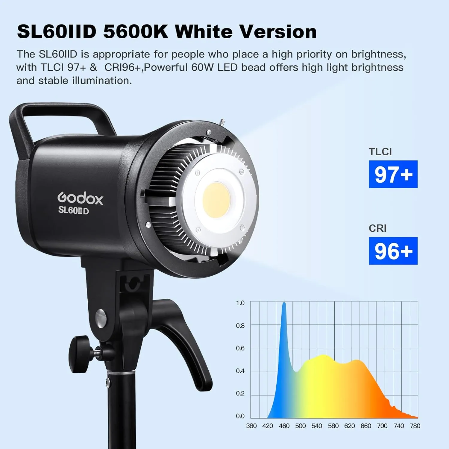 Godox SL60IID SL60W LED Video Light,60Ws White 5600K Version Countinuous Output Lighting with Bowens Mount,CRI 96  TLCI97 ,for Video Recording (Upgraded Version for SL60W)