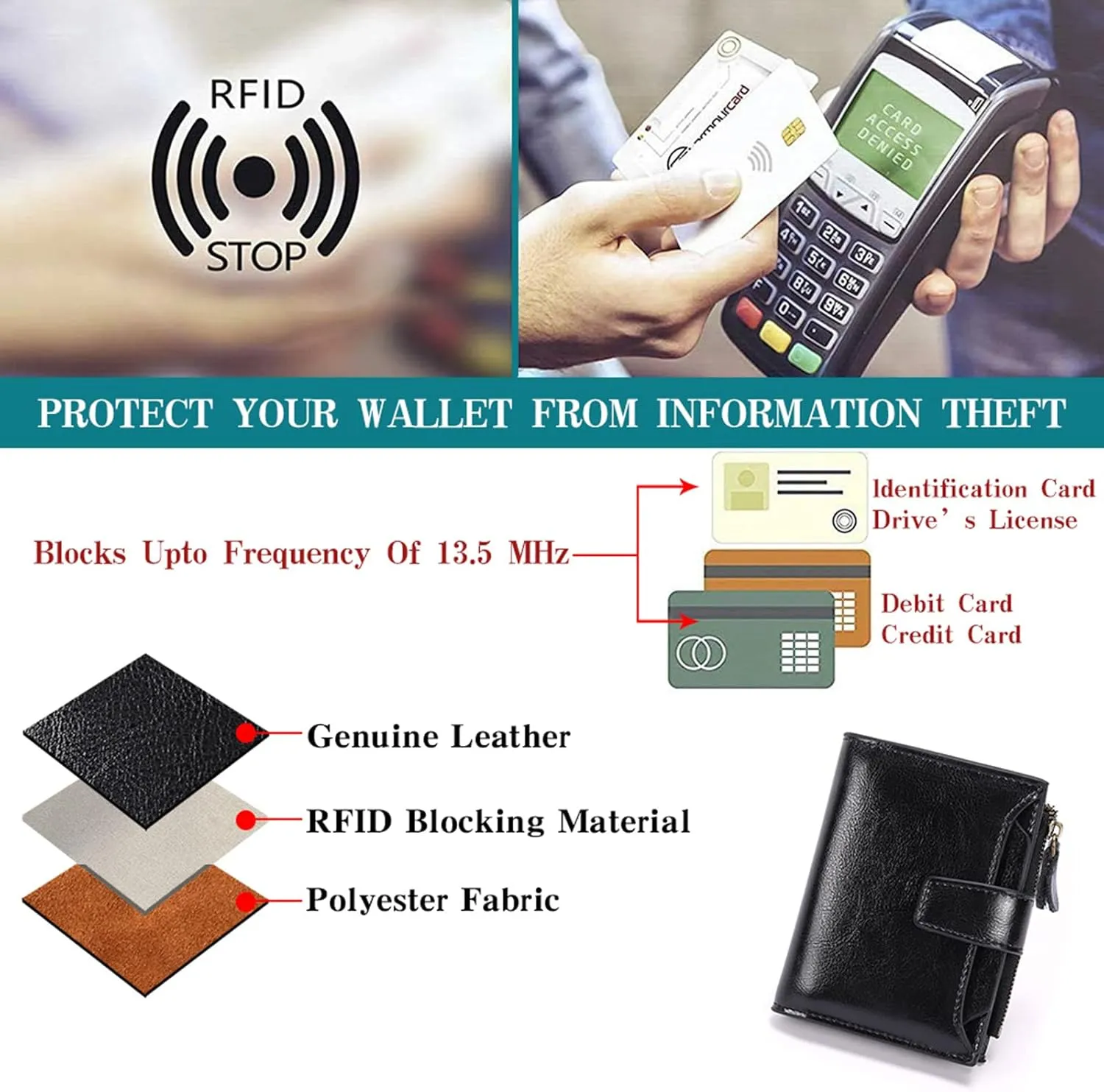 GOIACII Small Women Wallet Genuine Leather RFID Blocking Bifold Zipper Pocket Card Holder with ID Window