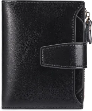 GOIACII Small Women Wallet Genuine Leather RFID Blocking Bifold Zipper Pocket Card Holder with ID Window