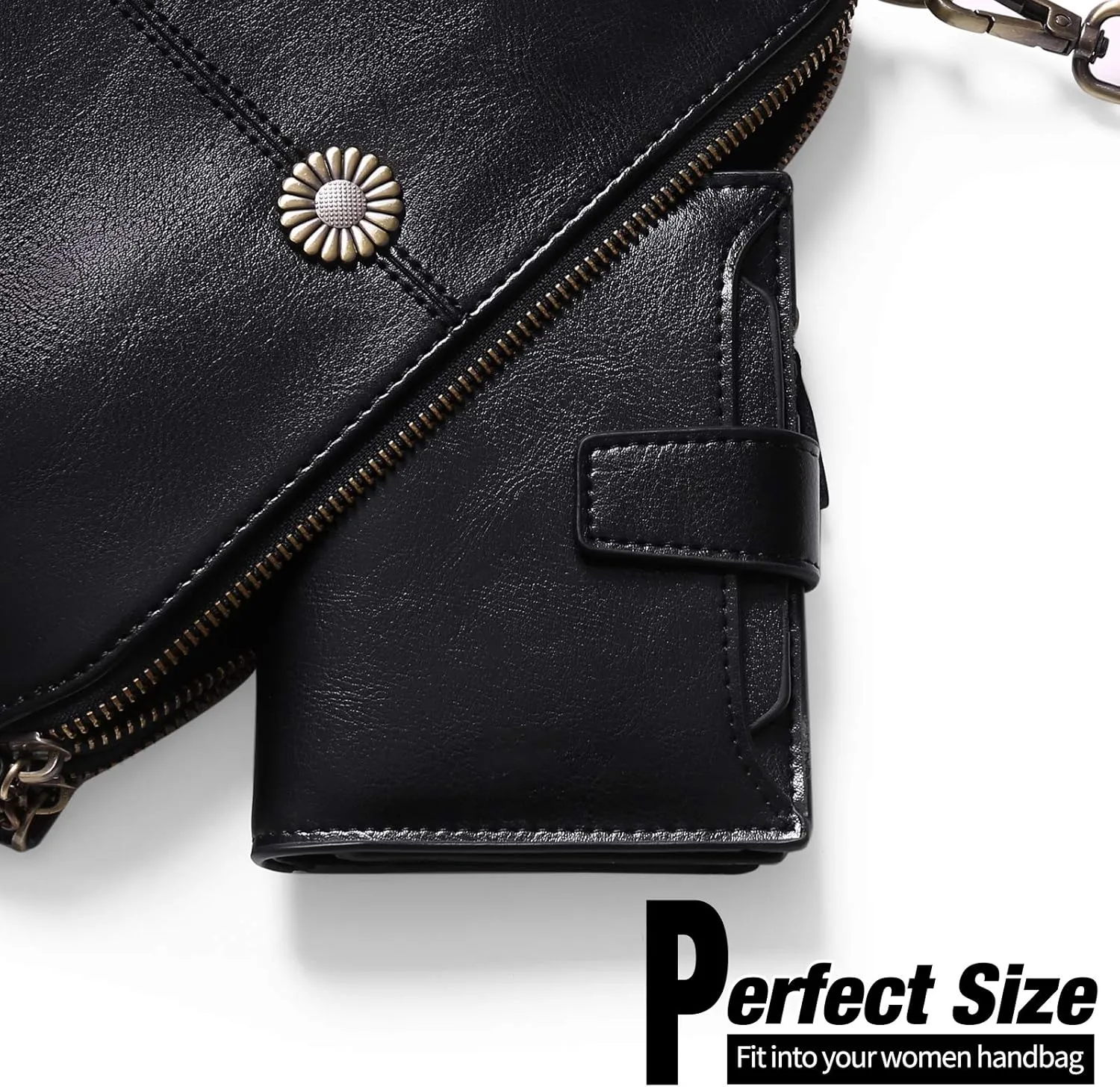 GOIACII Small Women Wallet Genuine Leather RFID Blocking Bifold Zipper Pocket Card Holder with ID Window