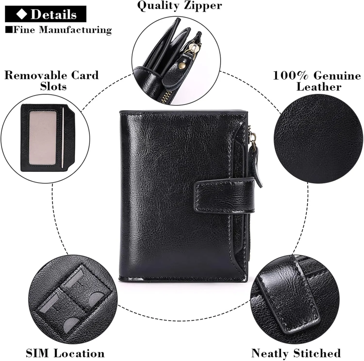 GOIACII Small Women Wallet Genuine Leather RFID Blocking Bifold Zipper Pocket Card Holder with ID Window