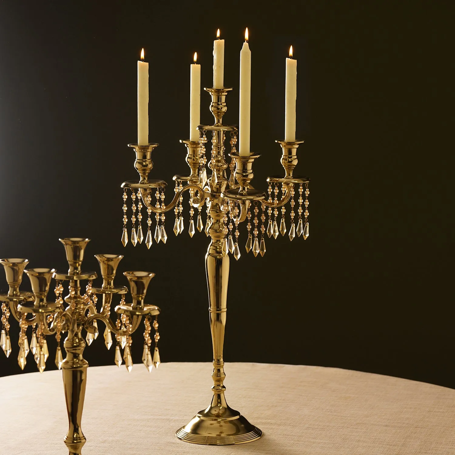 Gold 5 Arm Candelabrum with Crystal Danglers - Large