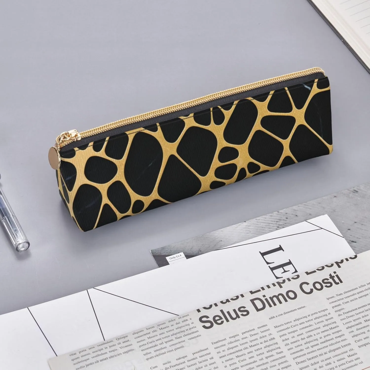 Gold And Black Marble Pen Case Small Pencil Bag Triangle Pu Leather Pen Pouch Pen Bag Storage Bag With Zipper