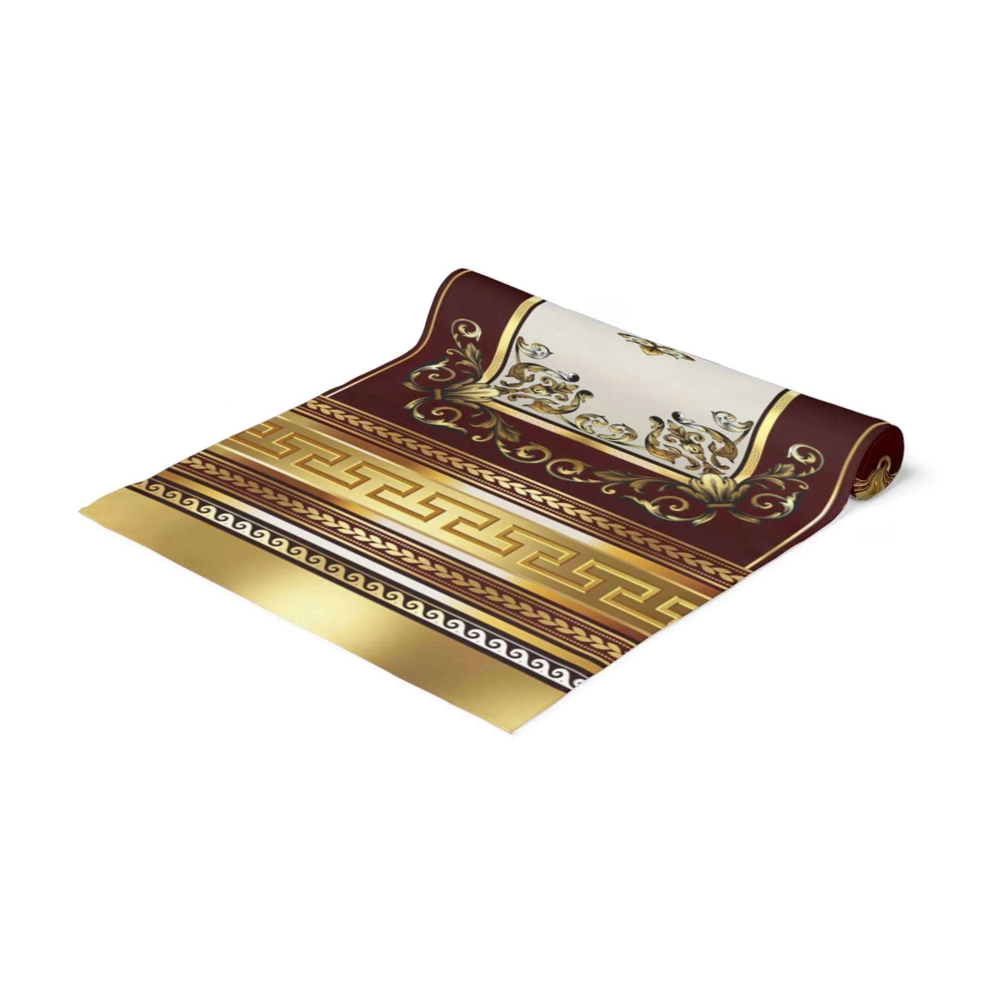 Gold Greek Key Maroon Ornate Baroque Table Runner