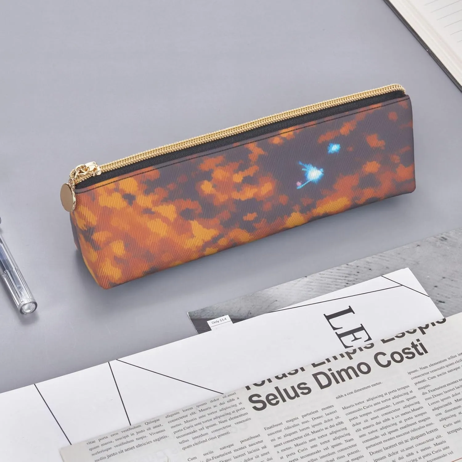 Gold Texture Printed Pattern Pen Case Small Pencil Bag Triangle Pu Leather Pen Pouch Pen Bag Storage Bag With Zipper