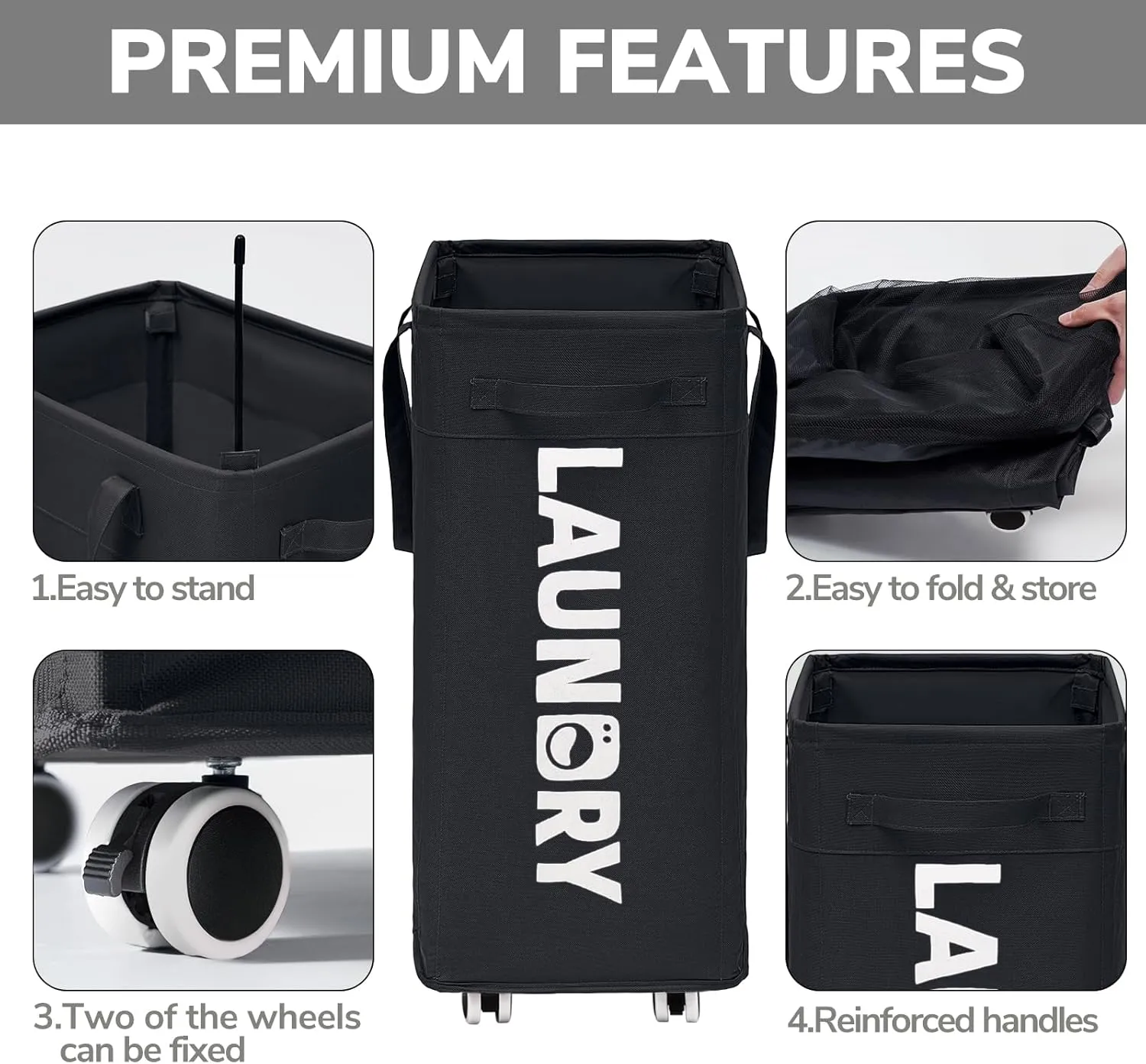 Goodpick Laundry Basket with Wheels, 2-Pack 75L Rolling Laundry Hamper with Removable Wash Bags, Collapsible Laundry Basket for Corner Dorm, Black