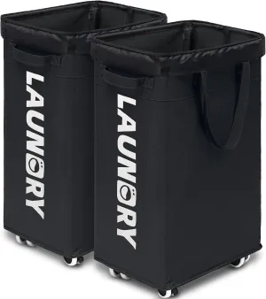 Goodpick Laundry Basket with Wheels, 2-Pack 75L Rolling Laundry Hamper with Removable Wash Bags, Collapsible Laundry Basket for Corner Dorm, Black