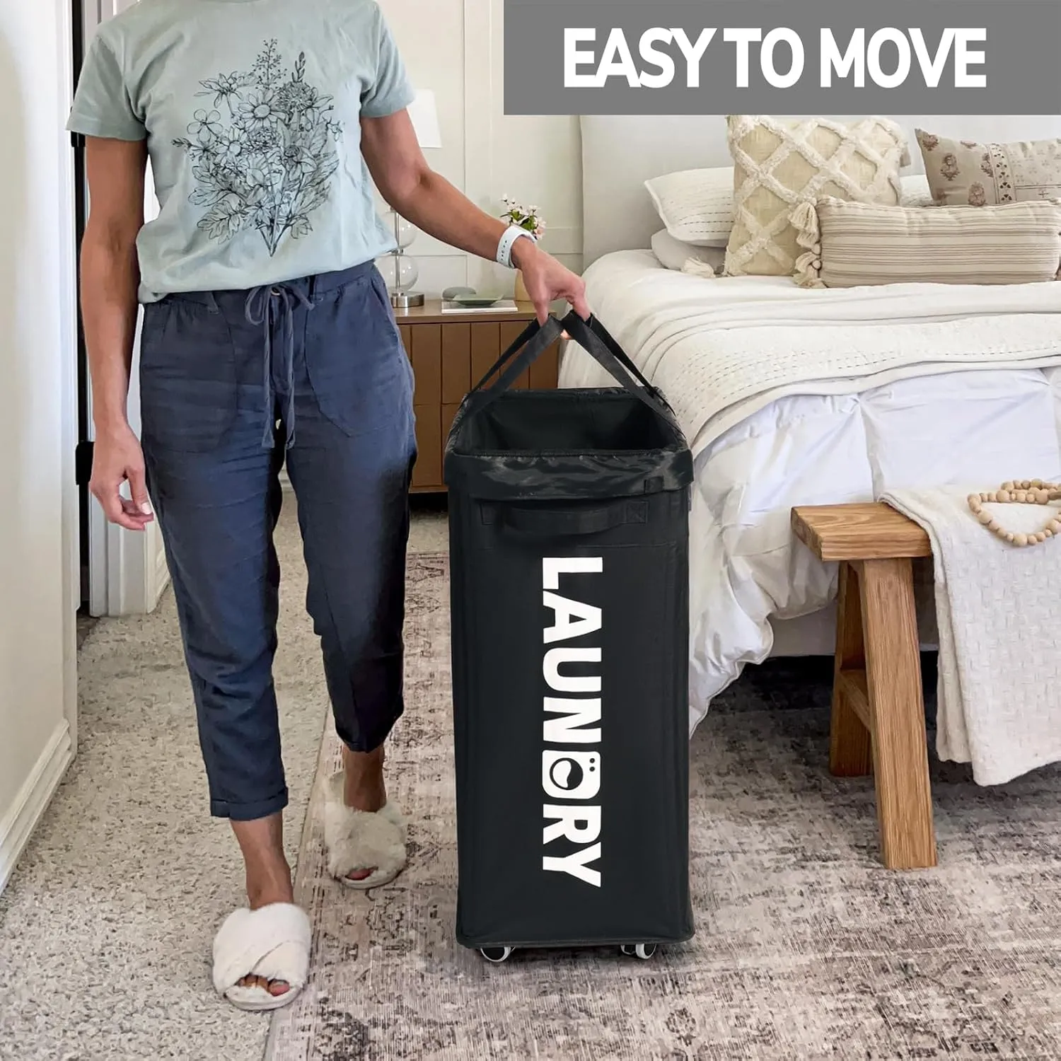 Goodpick Laundry Basket with Wheels, 2-Pack 75L Rolling Laundry Hamper with Removable Wash Bags, Collapsible Laundry Basket for Corner Dorm, Black