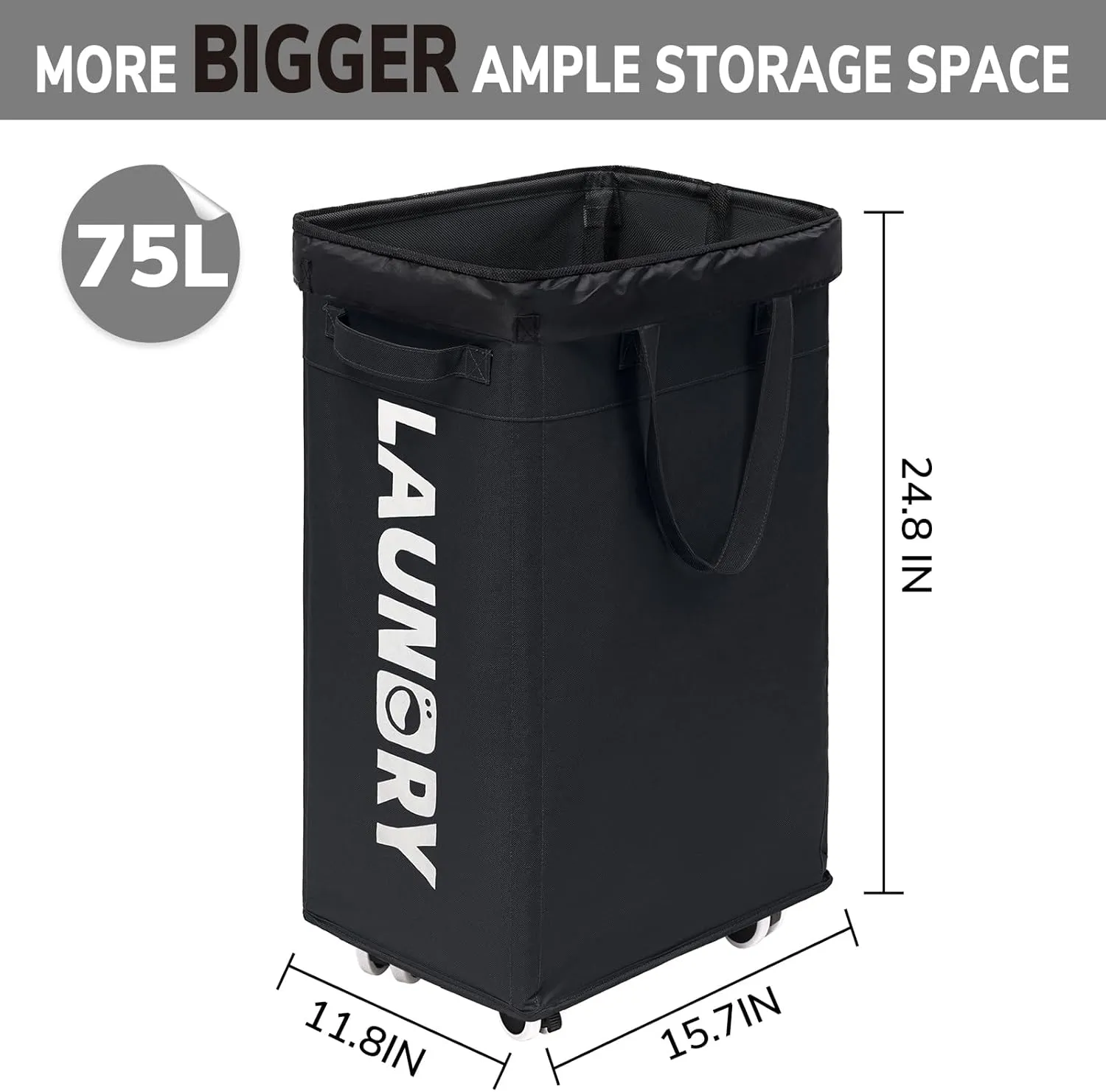 Goodpick Laundry Basket with Wheels, 2-Pack 75L Rolling Laundry Hamper with Removable Wash Bags, Collapsible Laundry Basket for Corner Dorm, Black