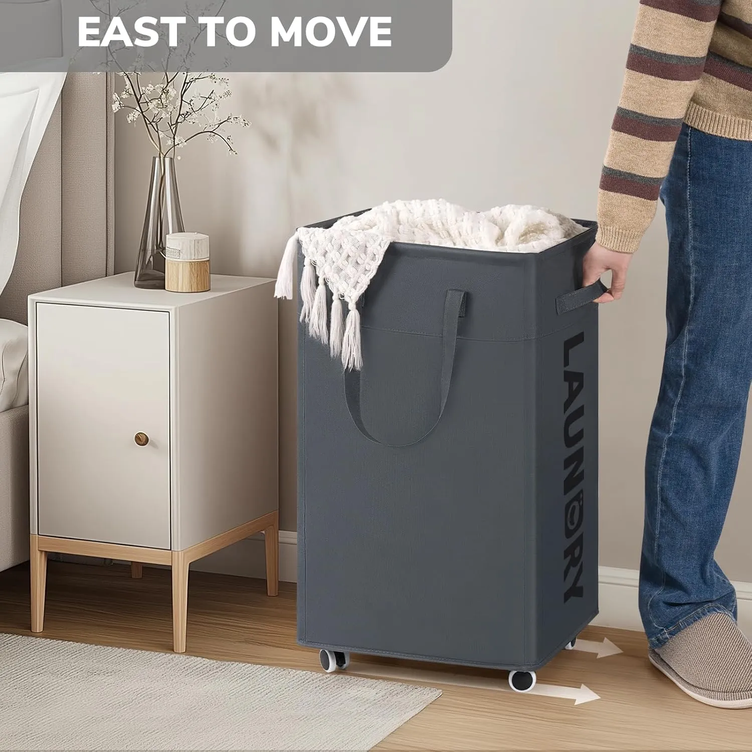 Goodpick Laundry Basket with Wheels, 75L Collapsible Laundry Hamper, Clothes Hamper with Removable Wash Bag for Laundry Room, Rolling Laundry Basket with Handles, Grey