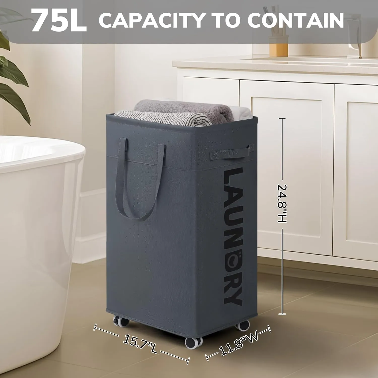 Goodpick Laundry Basket with Wheels, 75L Collapsible Laundry Hamper, Clothes Hamper with Removable Wash Bag for Laundry Room, Rolling Laundry Basket with Handles, Grey